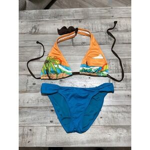 Victoria's Secret Tropical Palm Tree Bikini Set Blue Orange Small